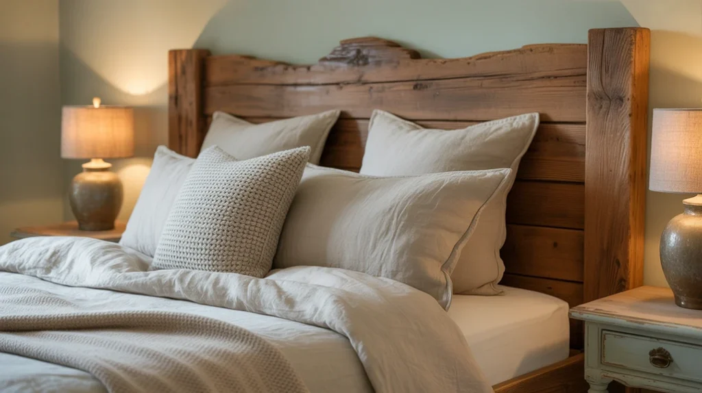 Wooden headboard adds rustic charm and warmth in this cozy cottage bedroom retreat.