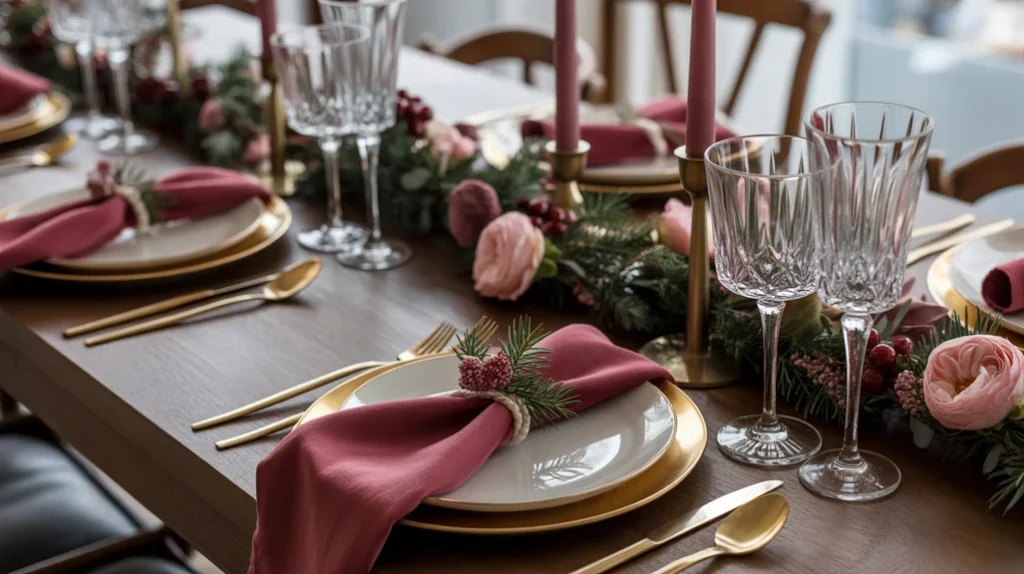 Burgundy-and-Dusty-Rose — Romantic burgundy and dusty rose Christmas color scheme with candles and velvet accents