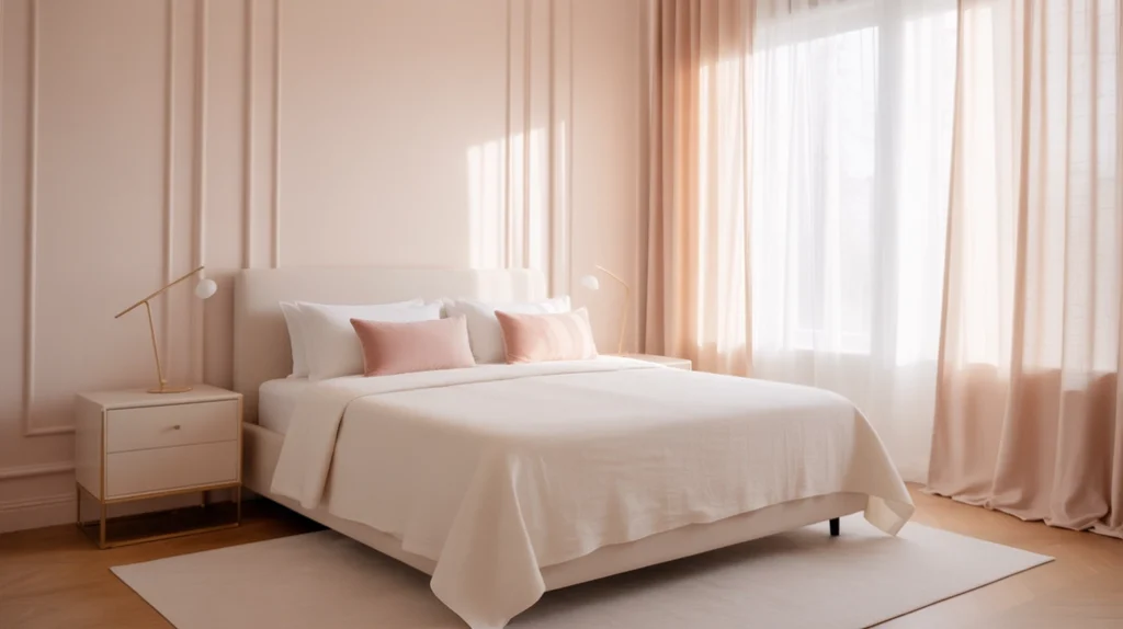 Blush and white minimalist bedroom with gold accents and clean lines