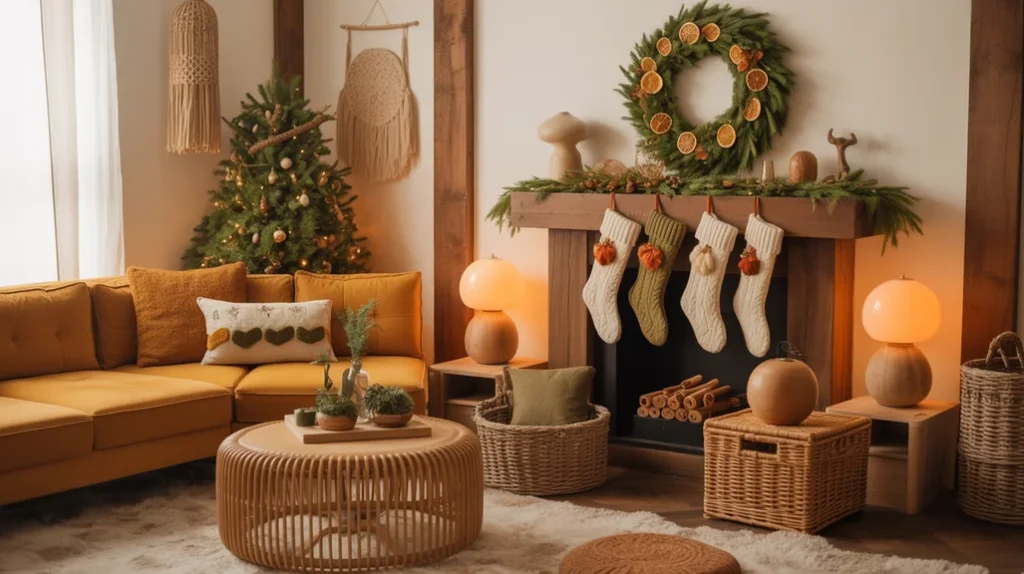 Olive-Green-and-Mustard-Yellow — 1970s inspired olive and mustard Christmas colors, rustic holiday decor