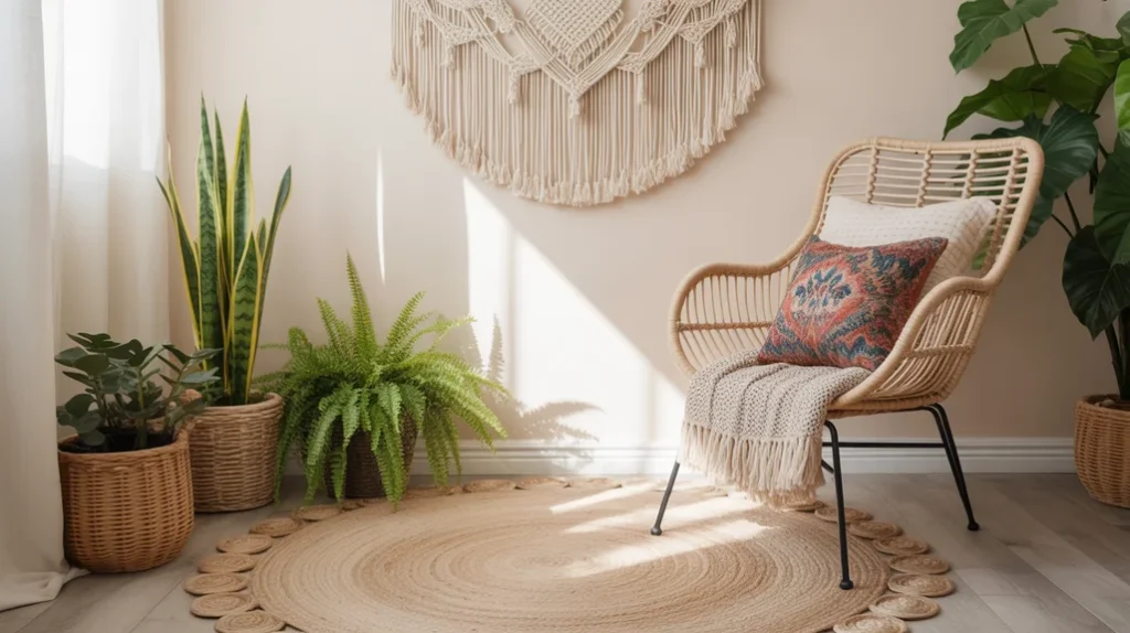 Boho pink bedroom with rattan furniture, jute rug, and plants