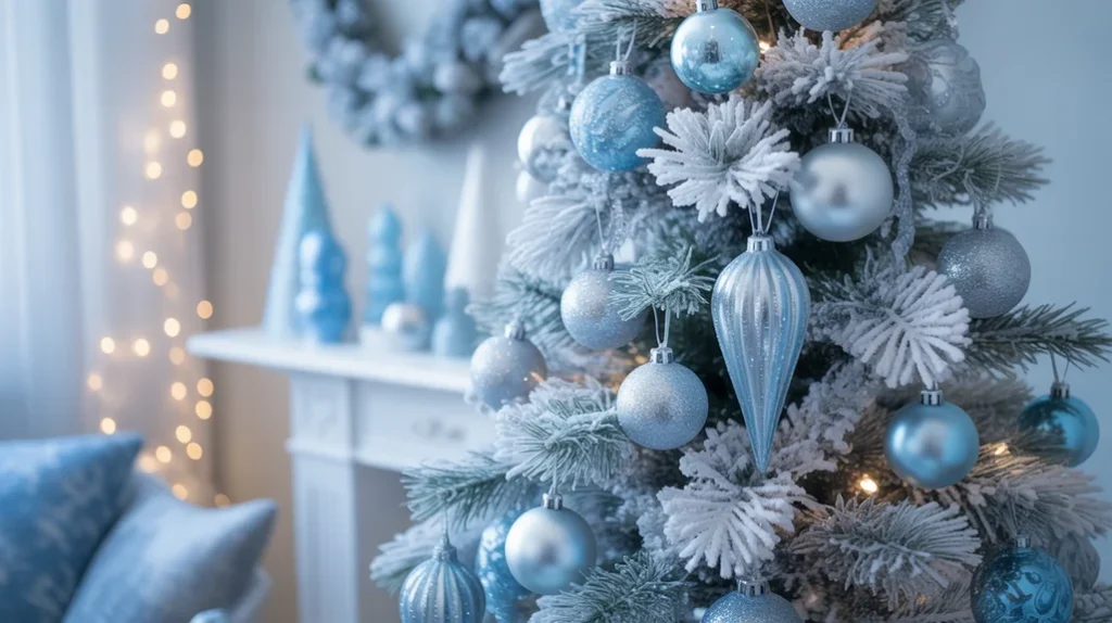 cy-Blue-and-Silver — Icy blue and silver vintage winter palette with frosted ornaments and sparkling lights