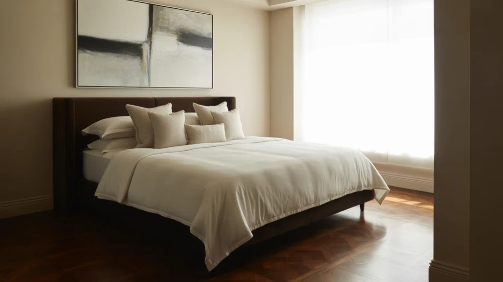 Bedroom with dark brown furniture and light beige walls for modern contrast