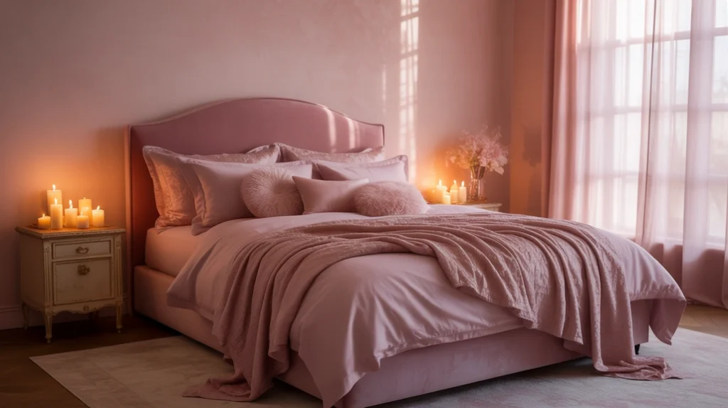 Romantic pink bedroom for couples with mauve bedding and candles