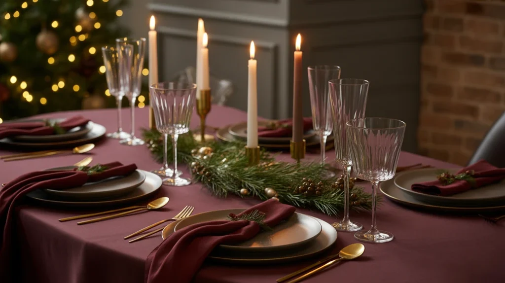 Deep-Plum-and-Champagne — Deep plum and champagne tones for elegant vintage Christmas table setting