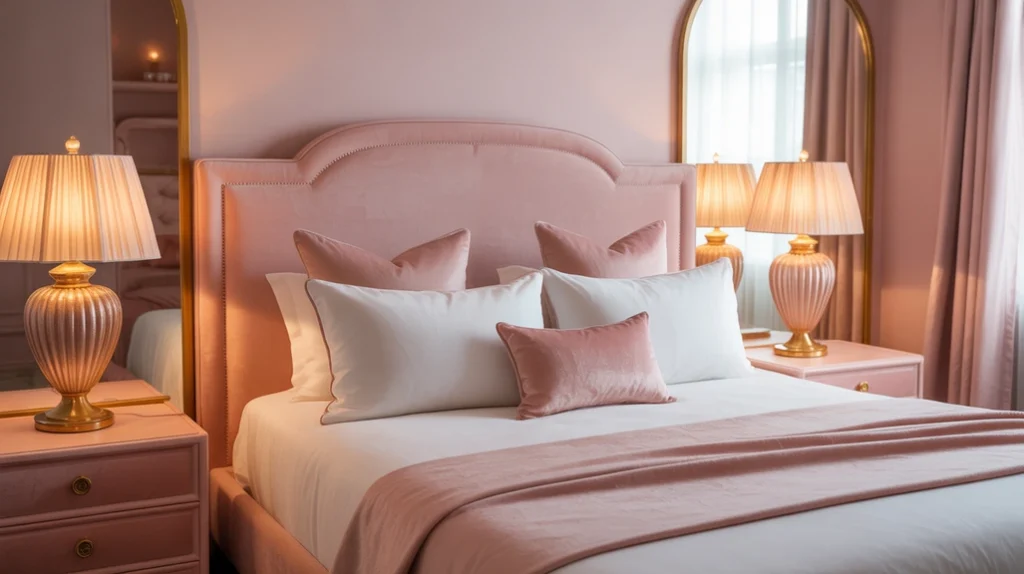Pink bedroom with gold lamps, brass decor, and blush velvet bed
