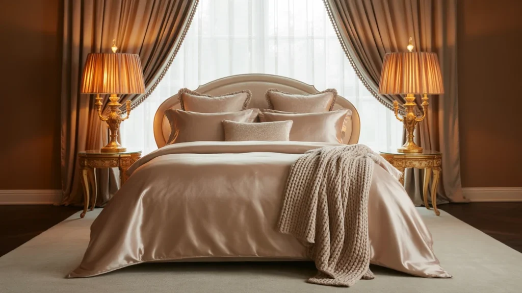 Elegant brown and gold bedroom with metallic accents and soft lighting