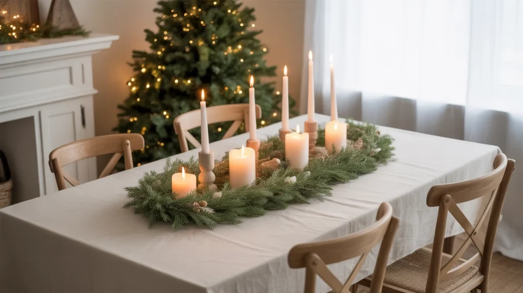 Sage-Green-and-Ivory — Rustic farmhouse Christmas palette with sage green garlands and ivory candles