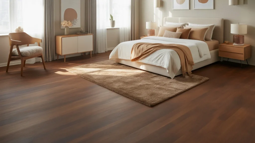 Bedroom with brown wooden floors, light walls, and neutral rug