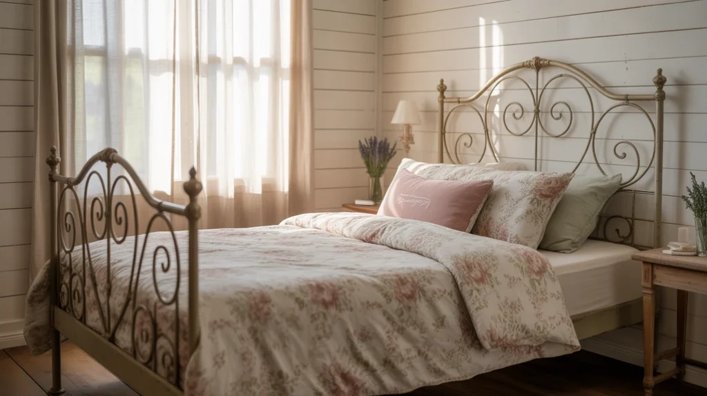 White beadboard walls and wood paneling add country charm to cozy cottage bedroom ideas.