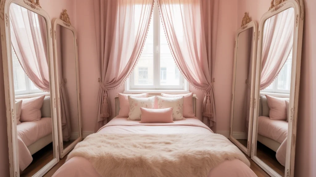Small pink bedroom with pastel walls, mirrors, and cozy bedding
