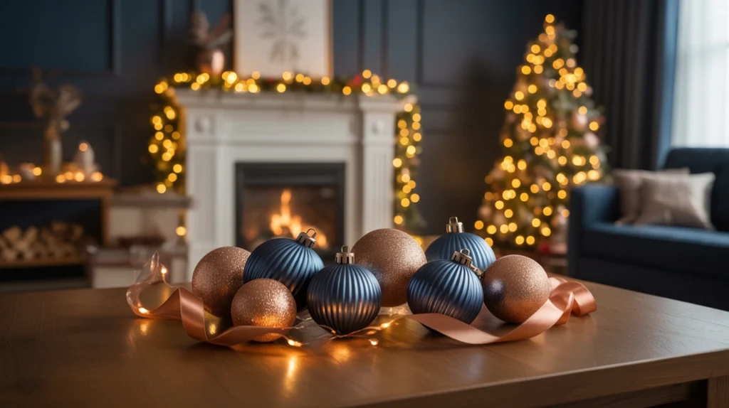 Navy-Blue-and-Copper — Moody navy and copper Christmas decor, metallic ornaments and cozy fireplace glow