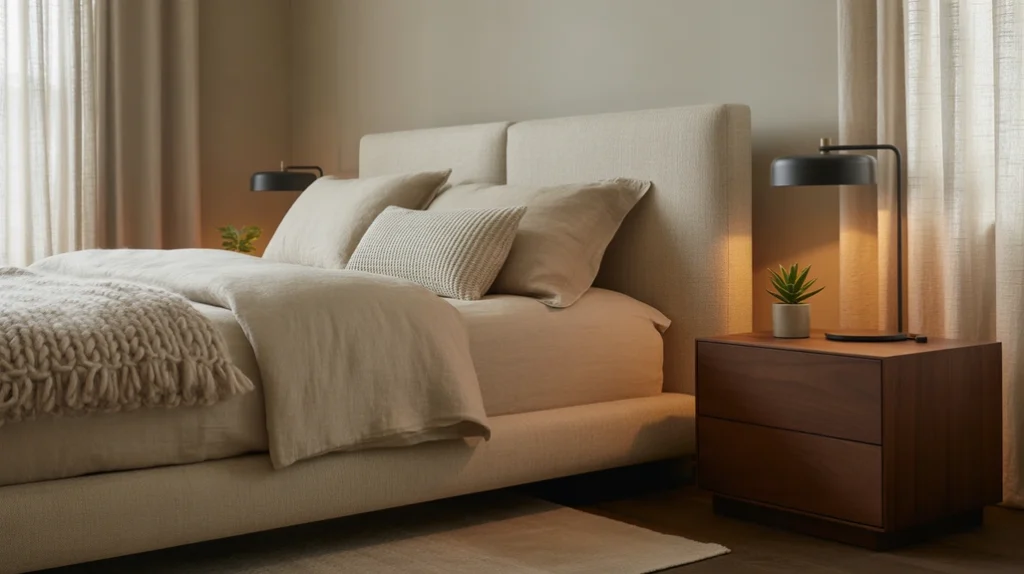 Modern brown bedroom with black lamps and minimalist decor