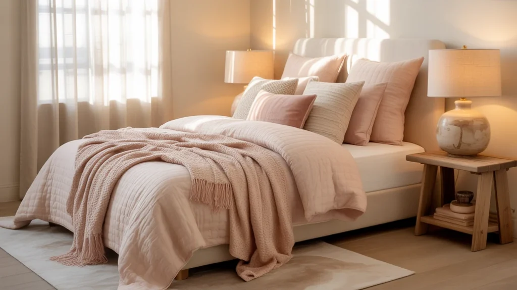 Beige and pink bedroom with wooden accents and soft warm lighting
