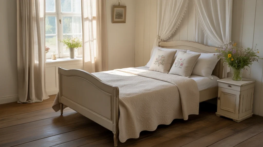 Sheer curtains let sunlight filter through this cozy cottage bedroom, creating an inviting glow.