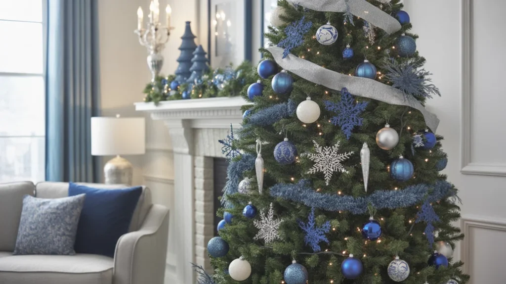 Classic blue and silver Christmas tree with navy ornaments, silver ribbon, and crystal snowflakes in a traditional winter living room.