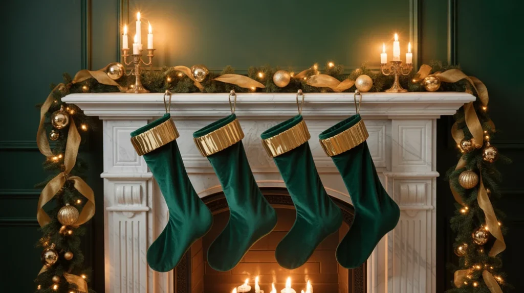 Emerald green and antique gold Christmas decorations with velvet stockings and brass candleholders.