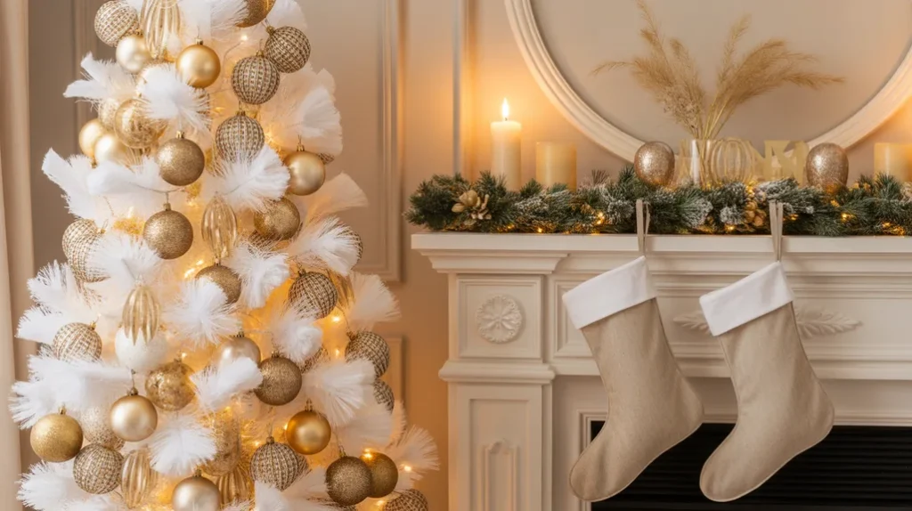 Ivory and gold minimalist Christmas décor with warm lighting, brass accents, and white ornaments for modern elegance.