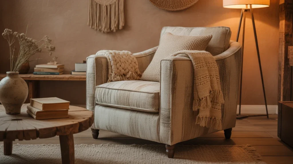 cozy earthy living room with warm textures and natural accents