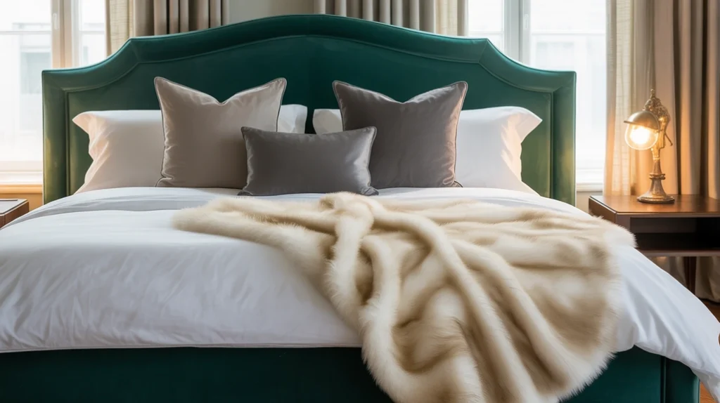 Cozy moody bedroom with layered textures of velvet, linen, and faux fur.