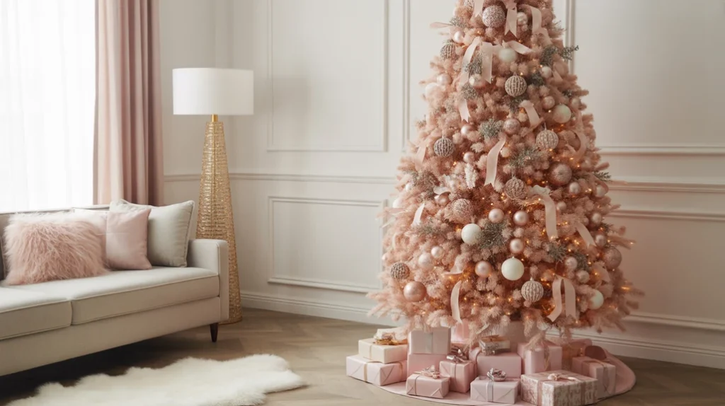 Blush and rose gold Christmas tree with velvet ribbons, champagne ornaments, and warm fairy lights.