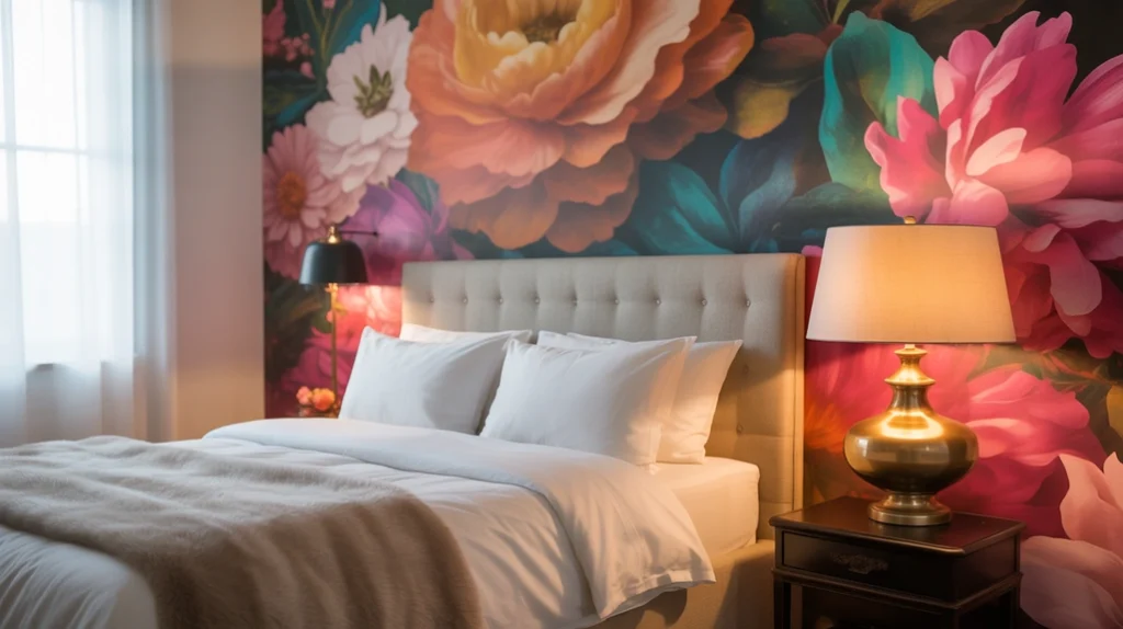 Maximalist bedroom with bold floral wallpaper creating a statement wall.