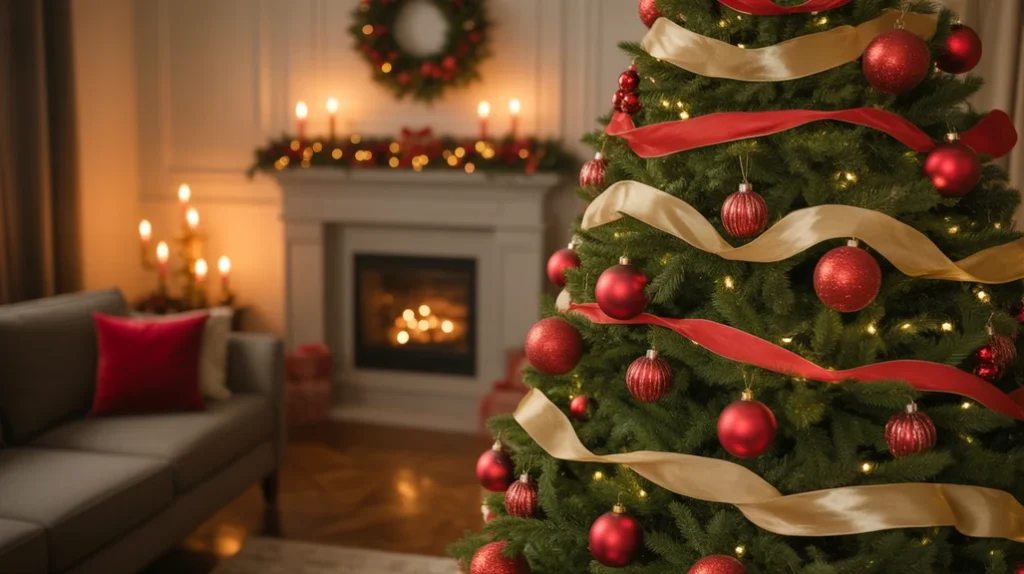 classic red and gold christmas tree decor with ribbons, candlelight, and festive ornaments for traditional holiday styling.