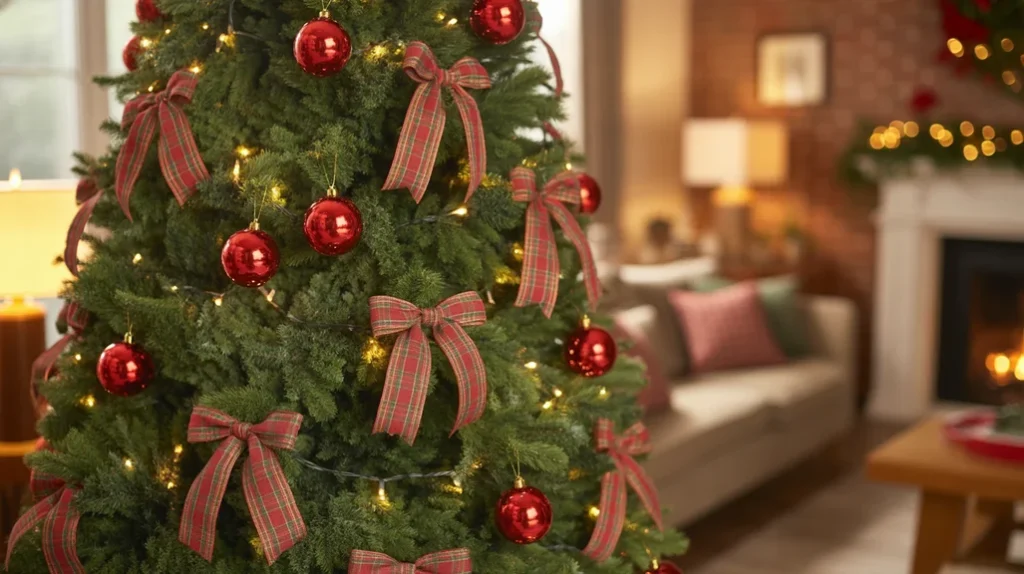 classic red and white christmas tree with plaid ribbons, white lights, and matching gift wrap for a timeless festive look.