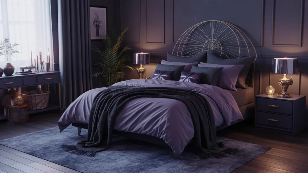 Dark and moody witchy bedroom with deep purple tones, candles, and metallic gold accents — elegant witchy bedroom ideas for small spaces.