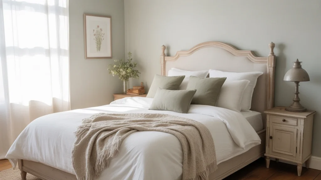 Neutral farmhouse bedroom décor with beige bedding, white walls, and soft green accents.