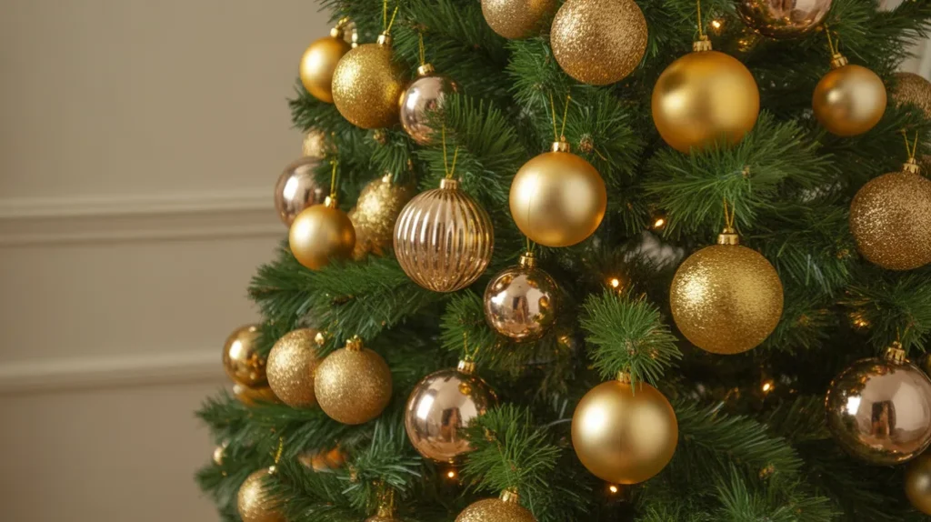 Gold ornaments in matte, shiny, and glitter finishes adding luxury to a festive Christmas tree.