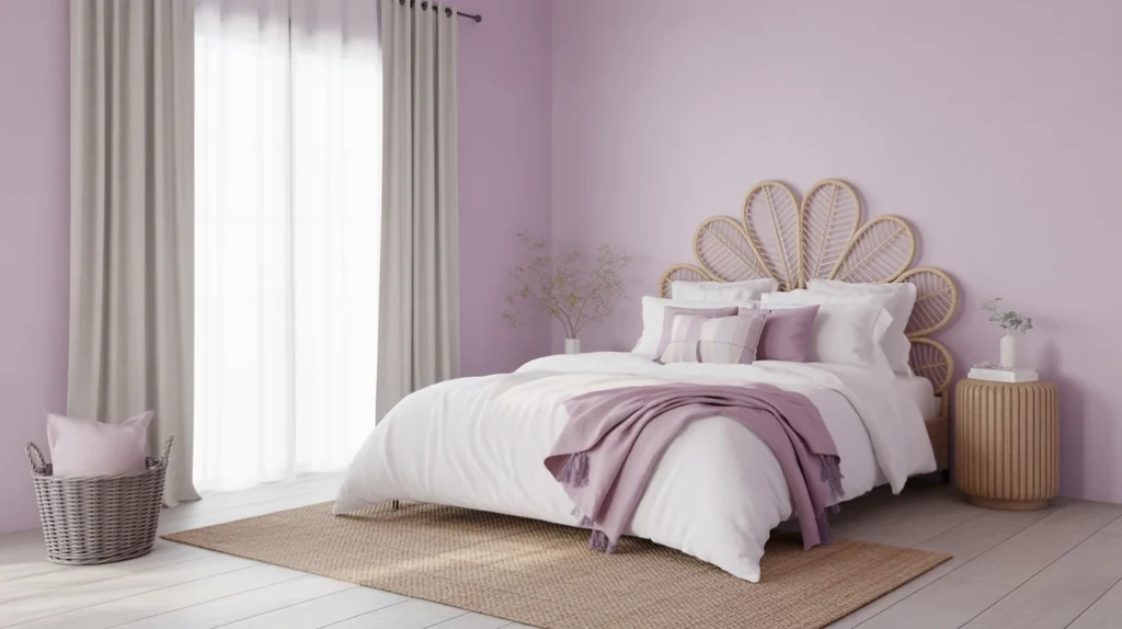 Soft lavender walls and white bedding create a bright, airy look — calming inspiration for purple bedroom ideas.