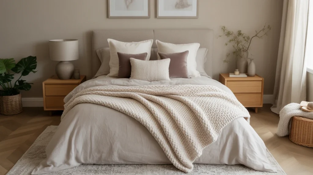 Layered bedding with chunky knit blankets, linen sheets, and velvet pillows in neutral tones.