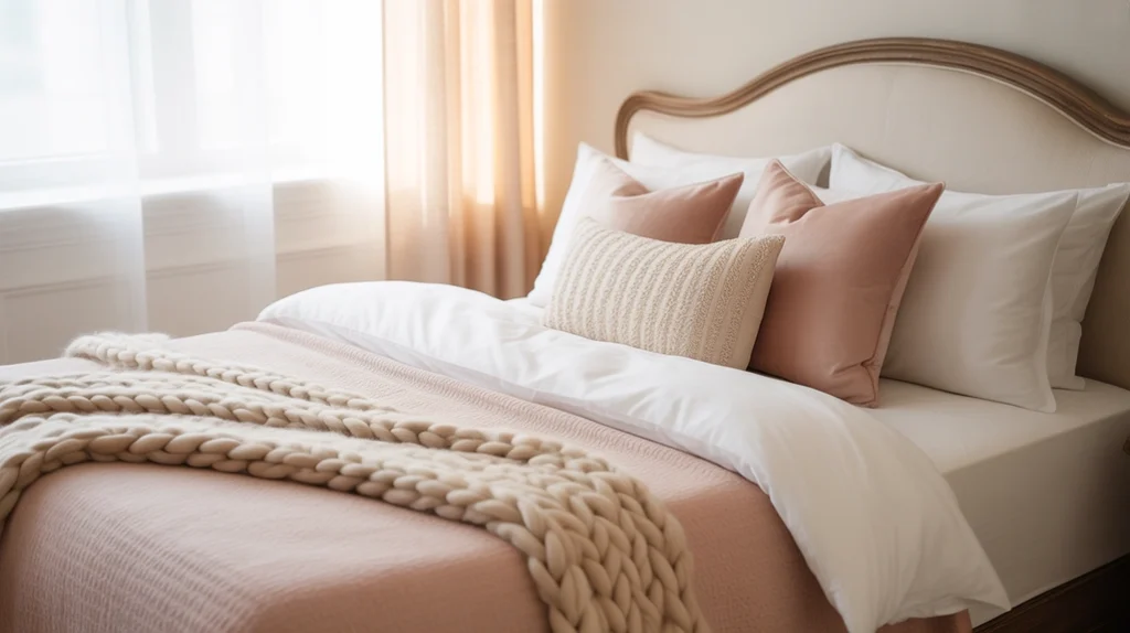 Romantic bedroom with soft layered bedding in blush and ivory tones.