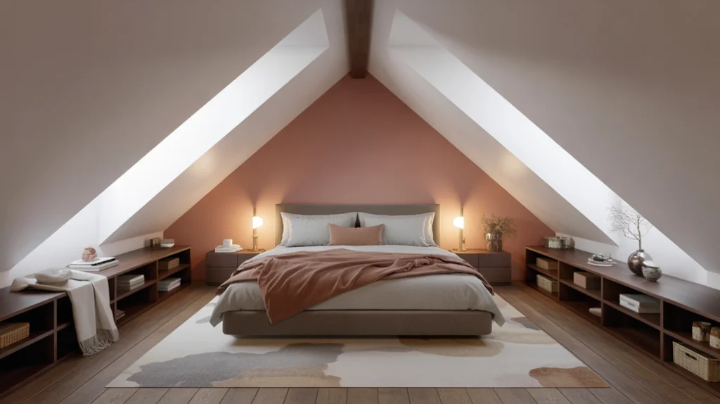 ow-profile-bed-attic-bedroom – attic bedroom ideas with low-profile bed under sloped ceiling for cozy and functional layout