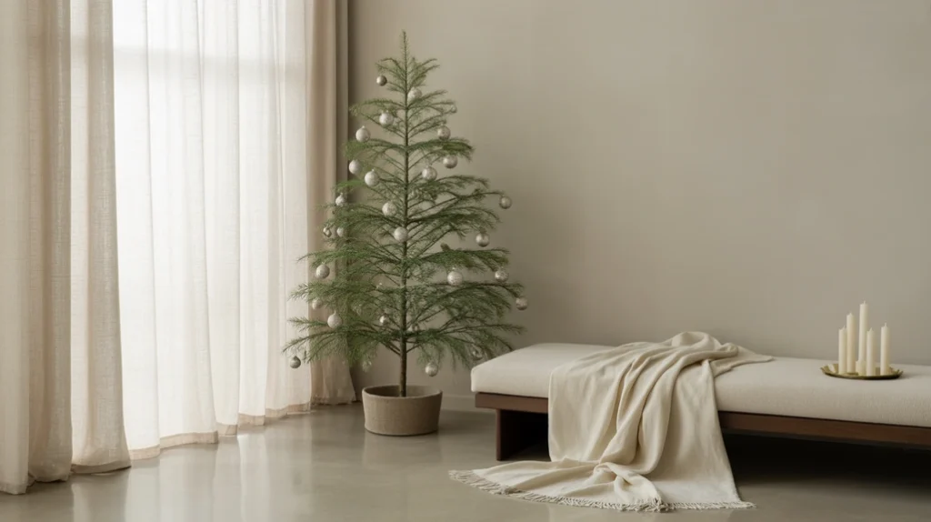 Minimal modern Christmas living room decor with chic tree, soft throws, and elegant festive simplicity.