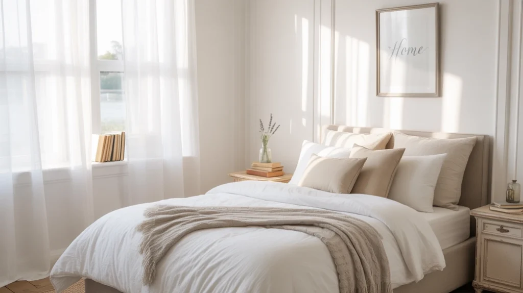 Modern farmhouse bedroom with shiplap wall, rustic wood bed, and layered bedding.