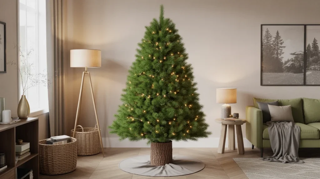 Rustic green tree with natural boho Christmas styling.
