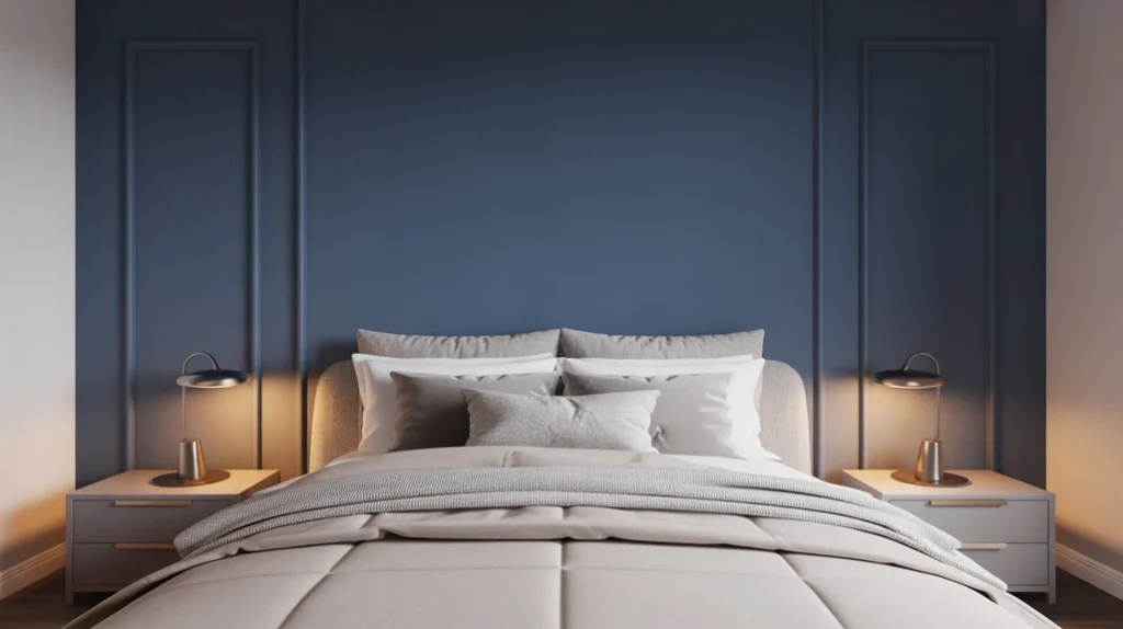 navy-blue-bedroom-accent-wall-idea → Navy blue bedroom accent wall with modern decor