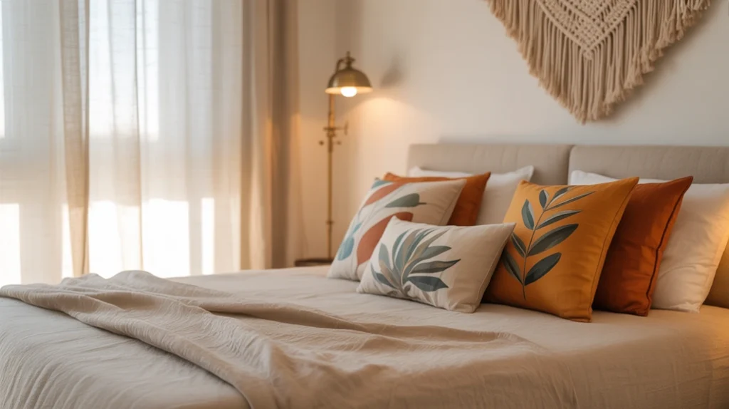 Neutral base palette used in eclectic bedroom design ideas with white walls and layered colorful accents.
