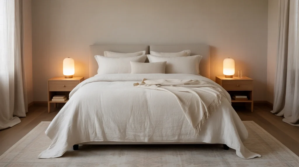 Neutral bedroom decor with beige walls, linen bedding, and cozy gray curtains