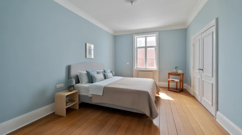 Light blue bedroom idea with powder blue painted walls, white trim, and cozy minimalist décor.