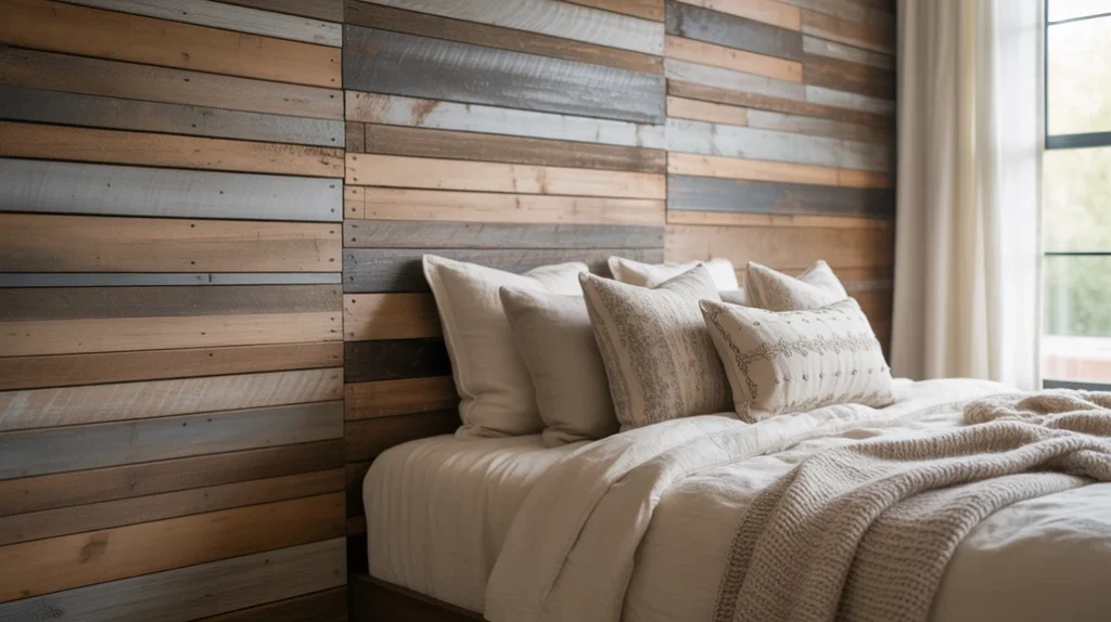 Rustic bedroom with reclaimed wood accent wall and cozy bedding