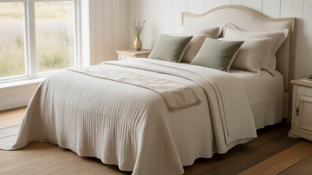 Rustic farmhouse bedroom with neutral color palette and soft earthy tones.