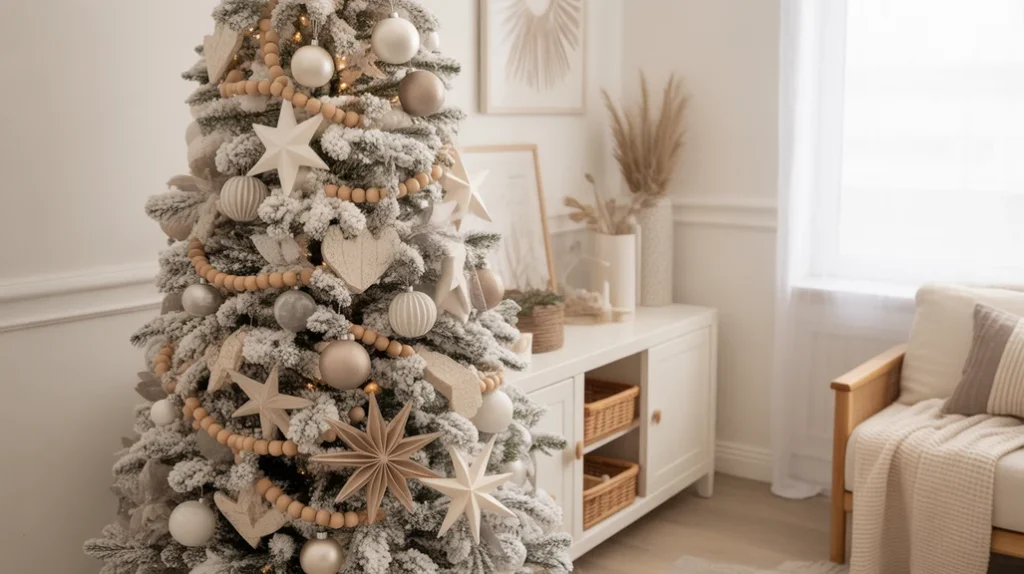 White Scandinavian Christmas tree with neutral ornaments and wooden accents — simple minimalist Christmas tree idea.