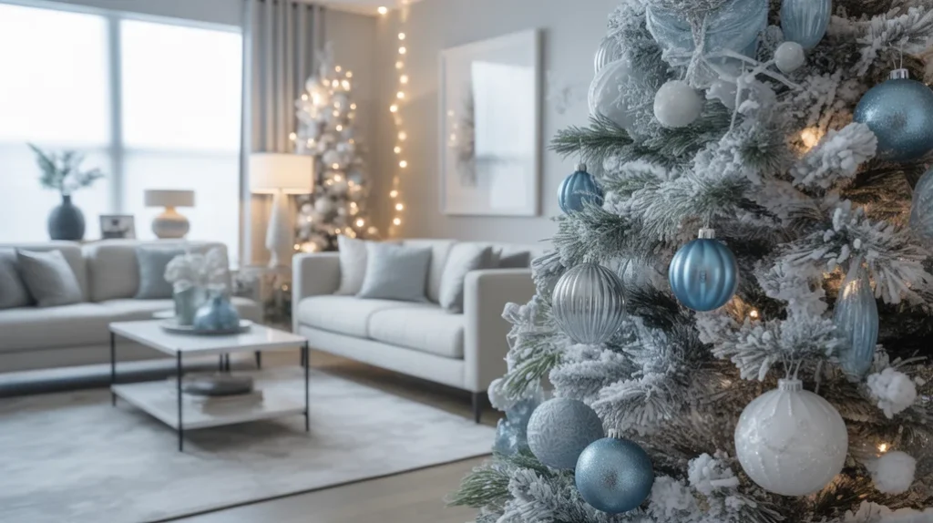 Silver and blue Christmas living room with frosted garland and metallic ornaments – elegant modern Christmas color scheme 2025.