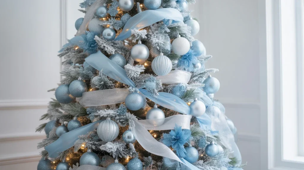 silver and blue christmas tree with frosted garland and glass baubles—blue christmas decor ideas 2025 in a modern living room.