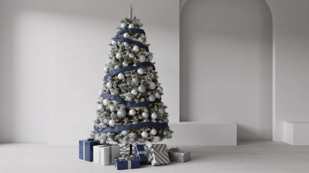 Tall silver and blue Christmas tree with navy ribbons, frosted ornaments, and LED white lights.
