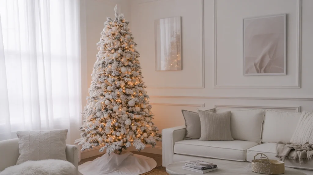 Snow-frosted white Christmas tree decorated in soft neutral tones for a cozy winter home.