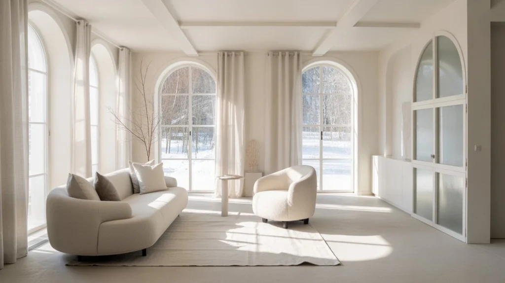 Snow-white living room walls inspired by a Frosted Winter Wonderland Palette, minimalist winter interior